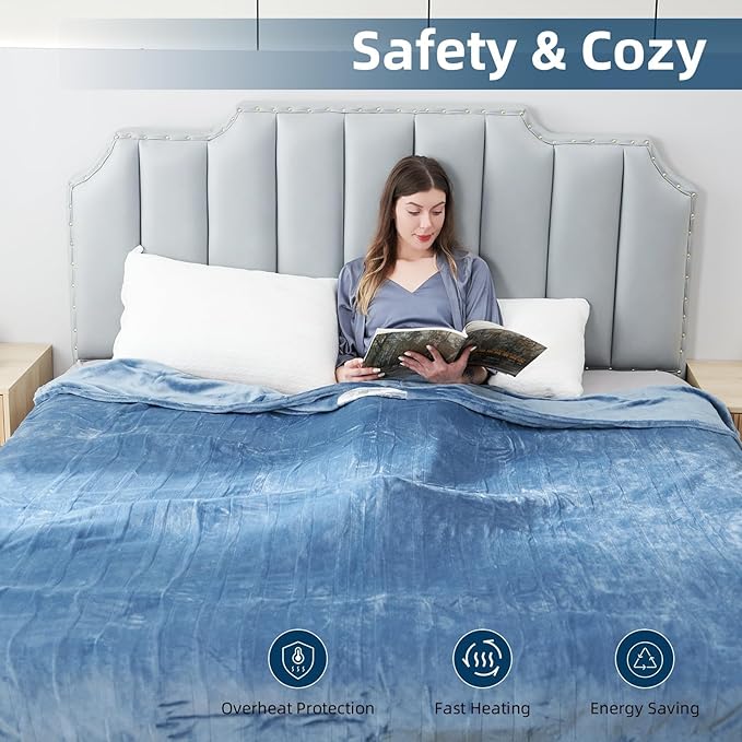 Electric Heated Blanket Full Size 72"x 84", Super Cozy Soft with 6 Heat Levels & 10 Hours Auto of, Quick Heating for Bedroom Living Room Machine Washable, Light Blue Grey