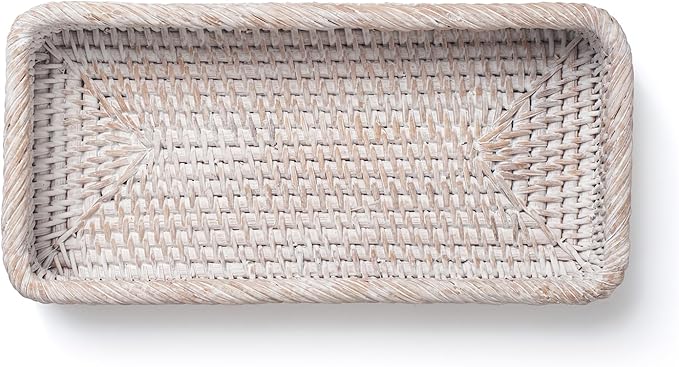 Rattan Bathroom Vanity Trays Toilet Tank Baskets Long Narrow Hand Towel Storage Basket for Storage, Decorative (Whitewash 10.2 x 4.9 x 1.6 inch)