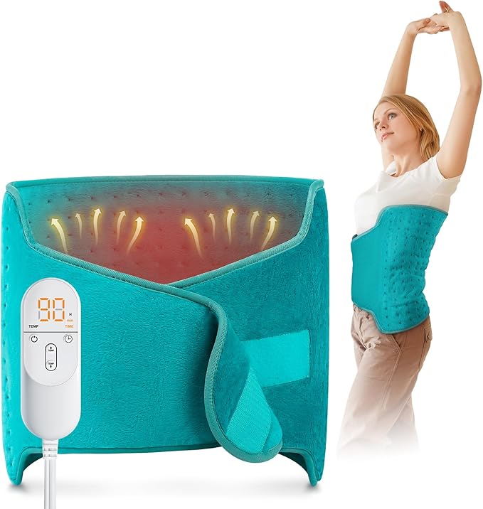 Heating Pad for Back, Heating Pad for Period Cramps/Waist/Shoulders with Belt, Christmas Gifts for Women Men Mom Dad, 6 Heat Settings, 4 Timers, Auto-Off, Machine Washable, Blue Green