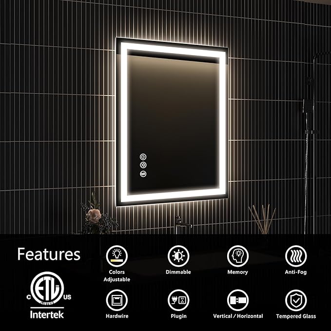 APRILSOUL 20x28 Inch LED Bathroom Mirror with Front and Backlit, Makeup Mirror with 3 Color Lights, Memory Function, Anti-Fog and Dimmable Light (Horizontal/Vertical)
