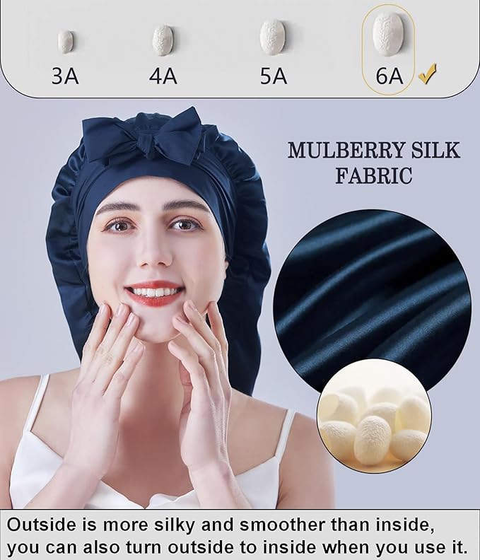 Cocheng Mulberry Silk Bonnet for sleeping long Silk Bonnet for Curly Hair Braids Cap for Women Silk Cap with Tie Band