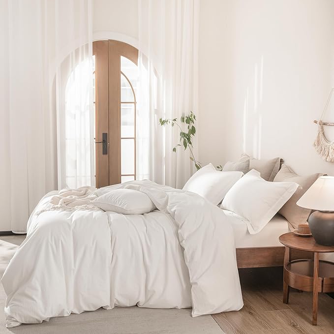 Linen Feel Duvet Cover Full Size 90inch x 80inch,100% Washed Cotton Duvet Cover with Zipper Closure and 2 Pillowcases, Color of Off White