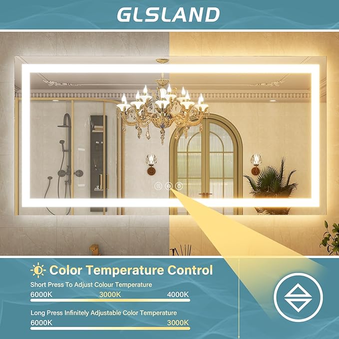 GLSLAND LED Bathroom Mirror - 55"x30" Anti-Fog Lighted Wall Mirrors with Memory Function, Dimmable, Frontlit & Backlit, Horizontally/Vertically, Tempered Glass