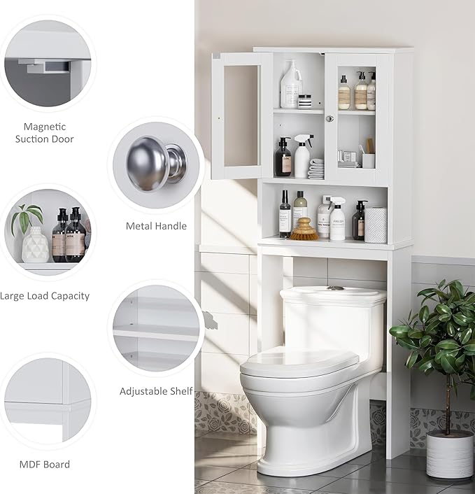 Meilocar Over The Toilet Storage Cabinet, Bathroom Storage Organizer Over Toilet with Glass Doors, Over Toilet Cabinet for Bathroom, Laundry Room, White