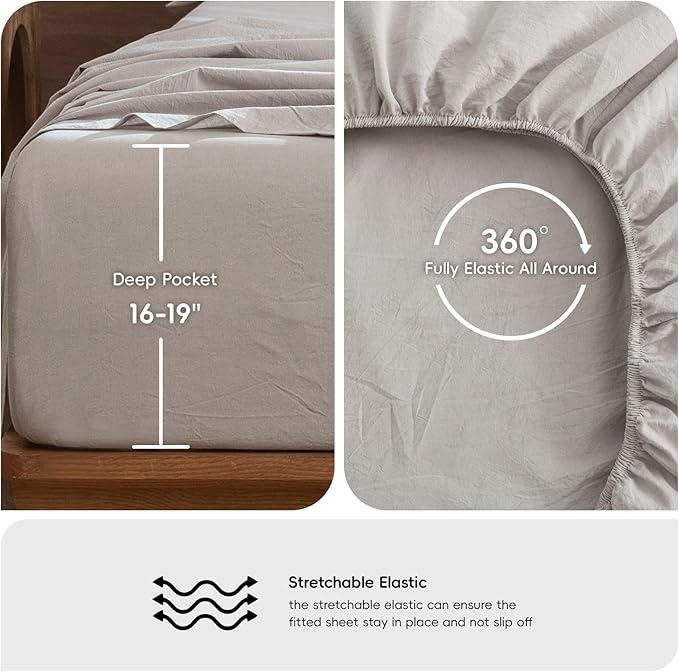 MooMee Bedding Sheet Set 100% Washed Cotton Linen Like Textured Breathable Durable Soft Comfy (Solid Light Tan, California King)
