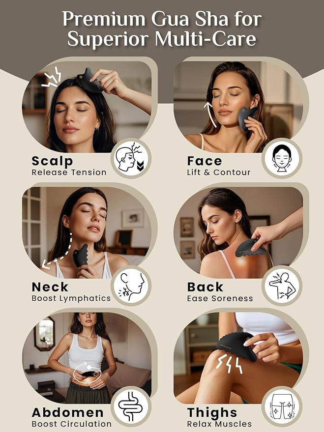 Rena Chris Body Gua Sha Tools, Natural BianStone Guasha Tool, Manual Massage Sticks for Jawline Sculpting and Puffiness Reducing, Whole Body Skin Care Massager (Black)