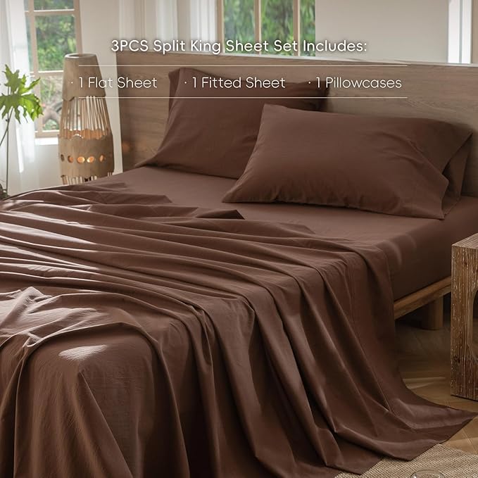 MooMee Bedding Sheet Set 100% Washed Cotton Linen Like Textured Breathable Durable Soft Comfy (Solid Cocoa Brown, Twin)