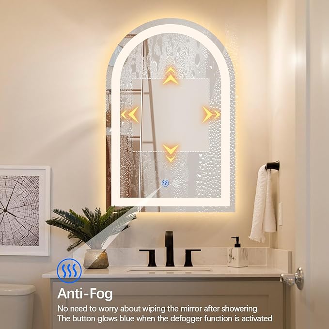Niccy Arched LED Bathroom Mirror, 36x24 Arch Wall Mounted Frameless Bathroom Mirror for Vanity, Smart Lighted Frontlit Mirrors with Memory Function for Bathroom Bedroom Beauty Hair Salon