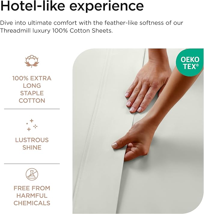 Threadmill 100% Cotton Sheets for Queen Size Bed - 600 Thread Count Queen Bed Sheets Set with 16” Deep Pocket - Sateen Weave 4-Piece Bedding Set with Cooling Effect, Light Grey