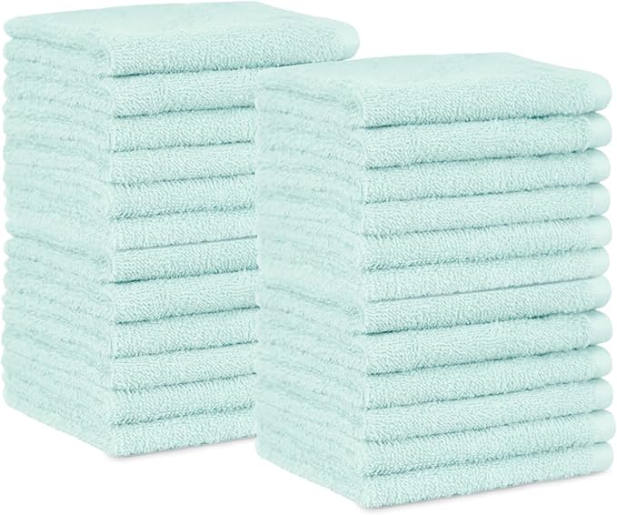 Amazon Basics face Towels for bathroom, 100% Cotton Extra Absorbent washcloth, Fast Drying - salon towel - 24 Pack Ice Blue (12 x 12 inches)