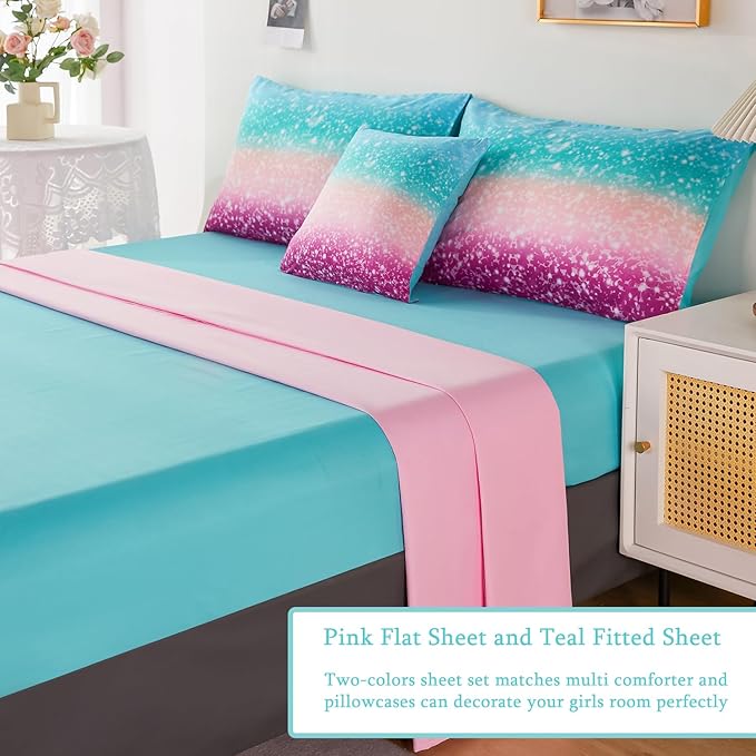 URBONUR 6Pcs Glitter Comforter Set for Girls Queen Size Gradient Tie Dye Purple Blue Bedding Set Comforter with Sheet Set, Ultra Soft and Breathable Kids Bed Set for Teen Girl