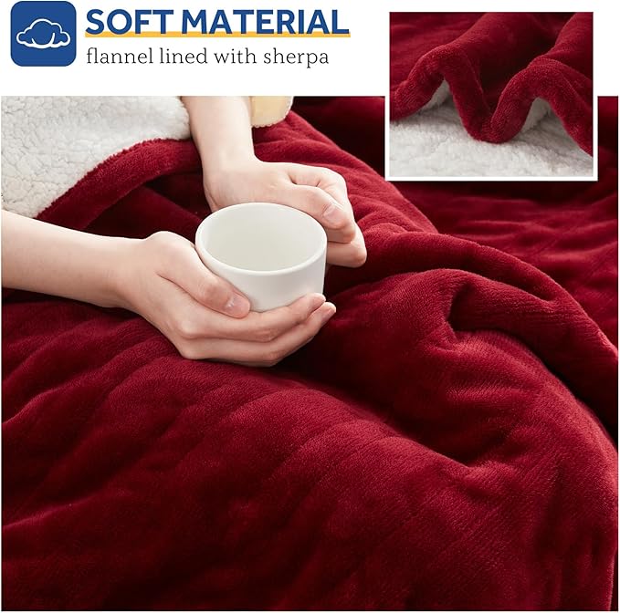 SEALY Heated Throw Blanket, Flannel & Sherpa Cozy Soft Electric Throw with 6 Heat Settings & 2-10 Hours Auto Shut Off, Machine Washable, 50x60 Inch, Burgundy