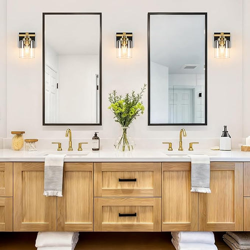 1 Light Modern Bathroom Light Fixtures Over Mirror, Black Gold Vanity Lights for Bathroom Wall Sconces with Clear Glass Shades, E26 Socket (Bulbs Not Included)