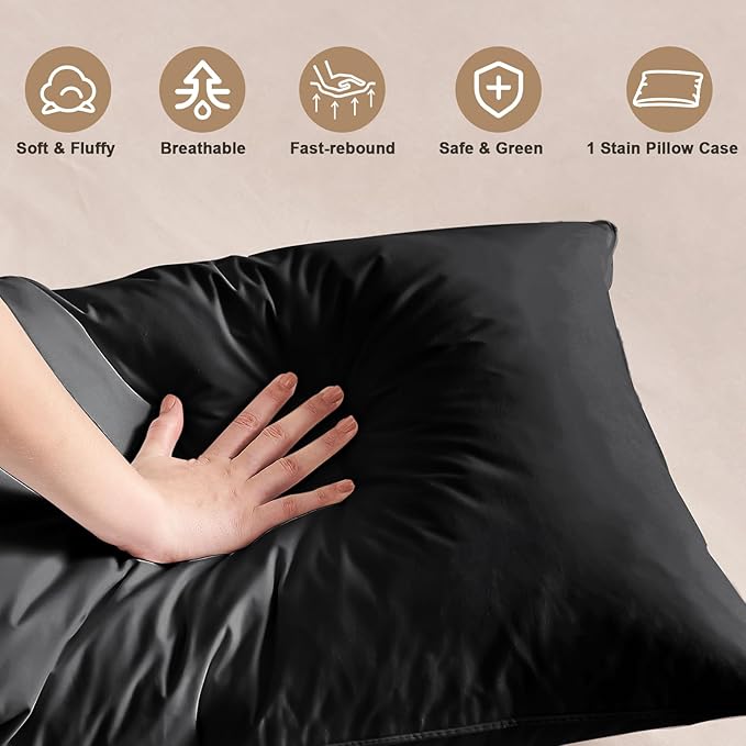 BHZ Satin Goose Down Feather Pillows King Size with Black Satin Pillowcase for Hair and Skin, Cooling Pillow Cases Similar to Silk Pillow Cases, Decorative for Women, Mom Men