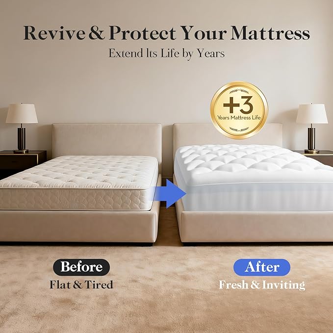 OhGeni Cooling 4 inch Dual Layer King Mattress Topper, 2 inch Cooling Gel Memory Foam, 2 inch Down Alternative Pillow Top Pad, Mattresses Cover for Bed, Medium Support, Fits 6”-19” Deep Pocket