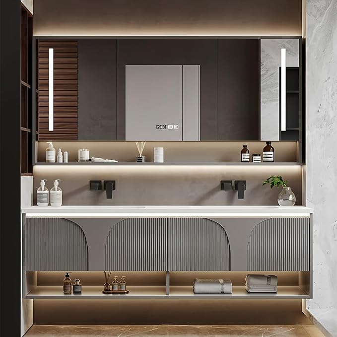 Double Bathroom Vanity with Sink, 92IN Floating Bathroom Vanity Set with LED Smart Defogging Mirror Cabinet and Open Shelf, Oak Wood Bathroom Cabinet with Two Drawers and Bottom Open Storage (Grey)
