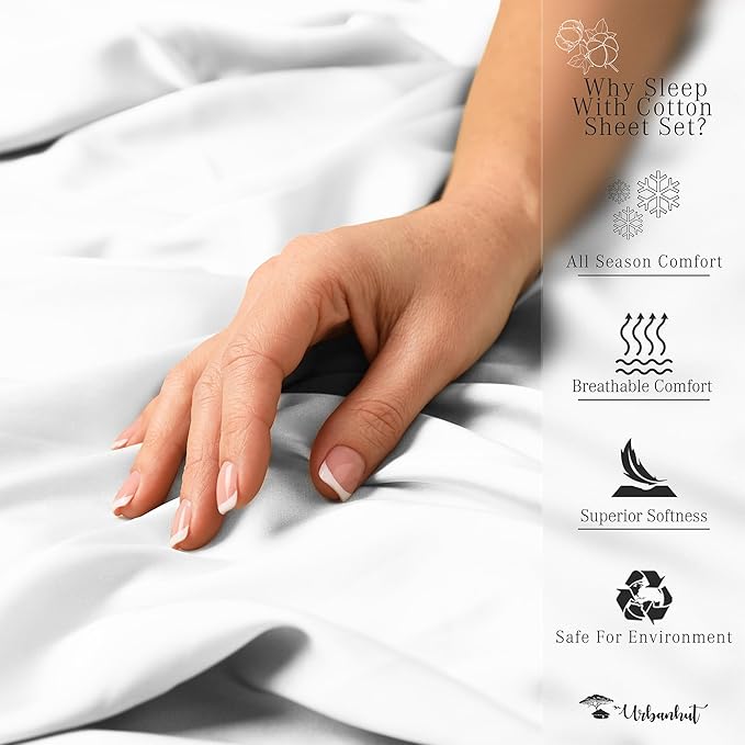 URBANHUT 700 Thread Count Egyptian Cotton Sheets Twin Size, 4Pc Sheet Set Soft Luxury Bed Sheets for Twin Size Bed, Sateen Weave Hotel Sheets, 16'' Elasticized Deep Pocket - White