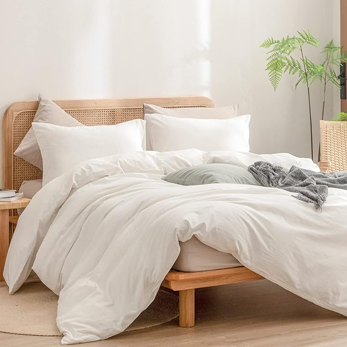 BESTOUCH Duvet Cover Set 100% Washed Cotton Linen Feel Super Soft Comfortable Chic Lightweight 3 PCs Home Bedding Set Solid Off White Cal King