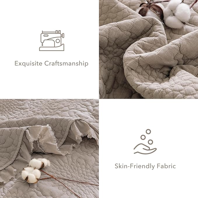 QSH 3PCs Stonewashed Cotton Quilt Queen Size (90"x98"),Linen Feel Ruffled Quilt Set,Ultra Soft Lightweight Crinkled Bedspread Coverlet Queen Shabby Farmhouse Chic Bedspreads Set with Pillow Shams