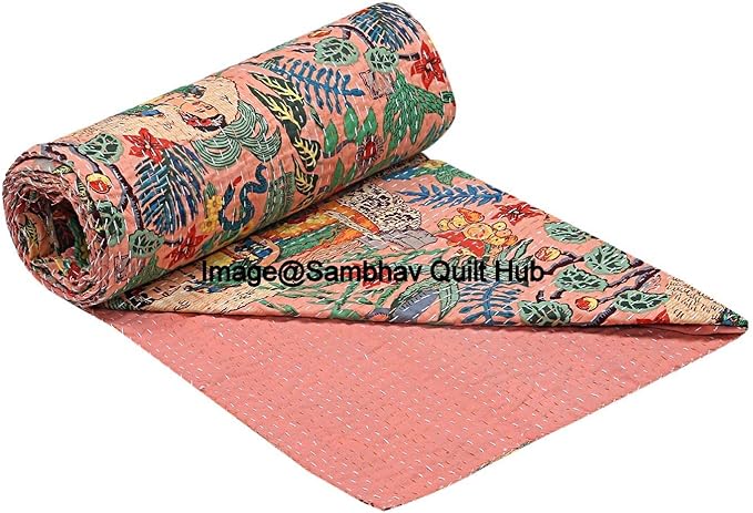 Floral Printed Cotton Quilted Blanket Indian Handmade Bedspread Kantha Work Bohemian Bed Decor Throw Blanket Twin/King/Queen (California King 108" x108 with Pillow Cover)