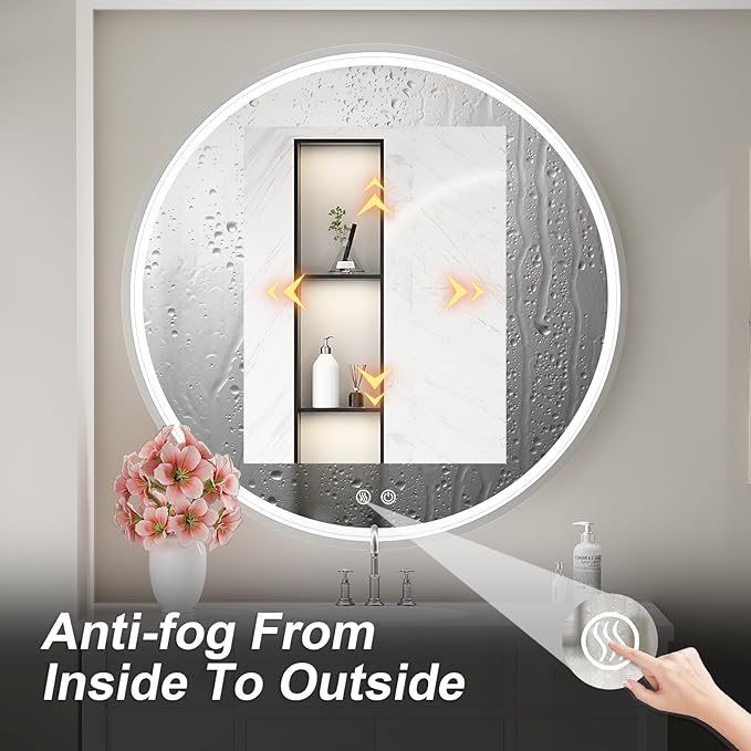 36" Round LED Bathroom Mirror, Dimmable Anti-Fog Vanity Mirror with Touch Control, 6000K Natural Light, Silver Metal Frame, Wall Mounted for Makeup Shaving (IP54, 90+ CRI)