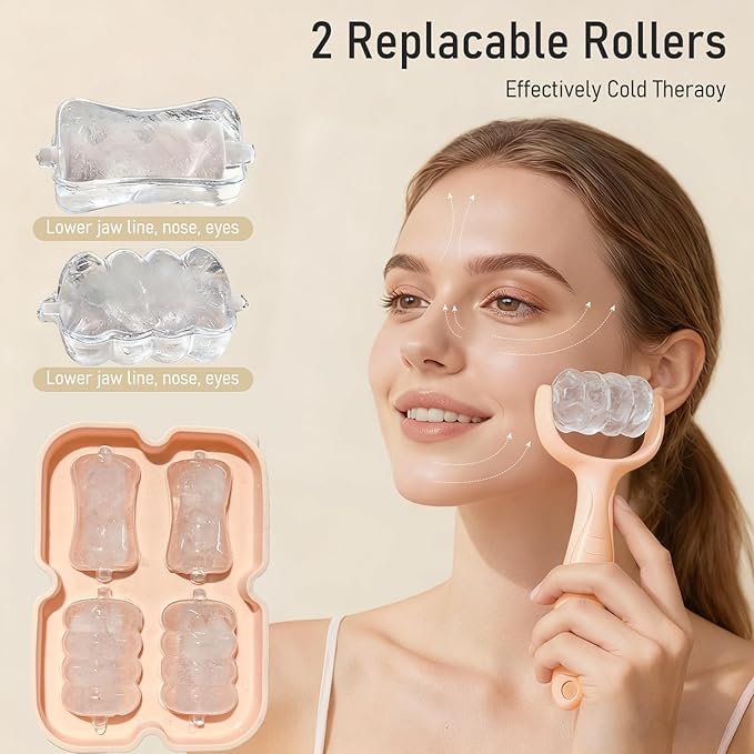 Ice Roller for Face Women Replaceble Rollers + Reusable 2 in 1 Silicone Facial Eyes Ice Cube Mold Set, Body Message Stick Holder for Reduce Puffiness Relief Shrink Pores Anti Wrinkle Skin Care, Pink
