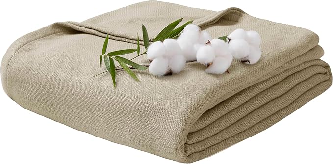 Twin Size Blanket, 70% Rayon (Derived from Bamboo) and 30% Cotton, Lightweight Jacquard Weave, Breathable and Soft Summer Blanket for Bed or Couch, 66” x 90”, Khaki