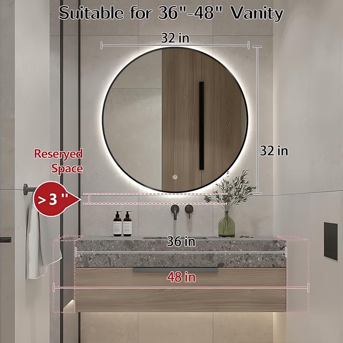 Niccy 32" LED Backlit Round Mirror for Bathroom, Black Framed Vanity Light Wall Mirror LED Smart Circle Mirrors with 3 Lighting Colors, Dimmable Lighted Mirror with Anti-Fog, IP65 Waterproof