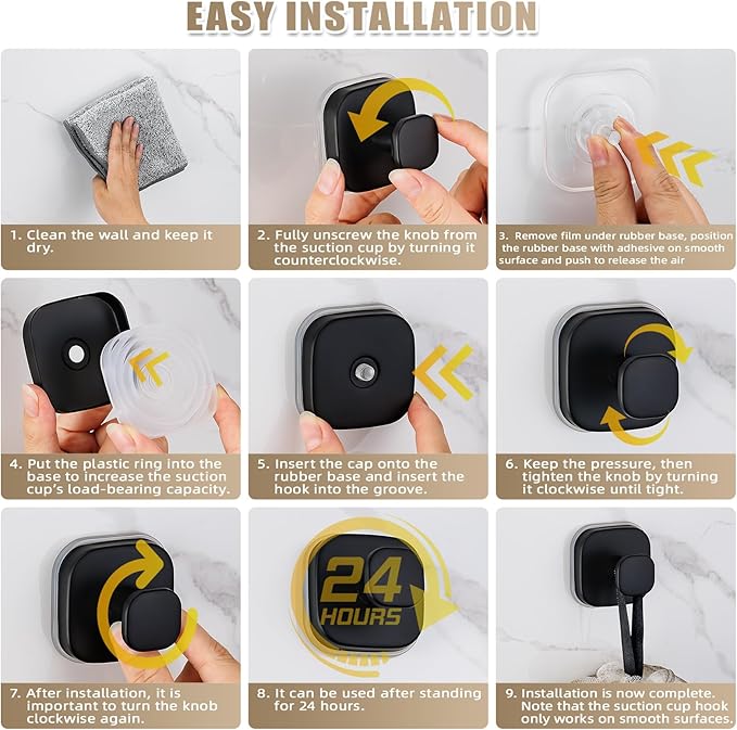 Suction Cup Hooks for Shower - Resuable Bathroom Hooks for Towels, Robes & Loofah - No-Drill Mounting on Kitchen,Walls,Metal,Glass,Mirrors,Tile & Smooth Non-Porous Surfaces (4, Matte Black)