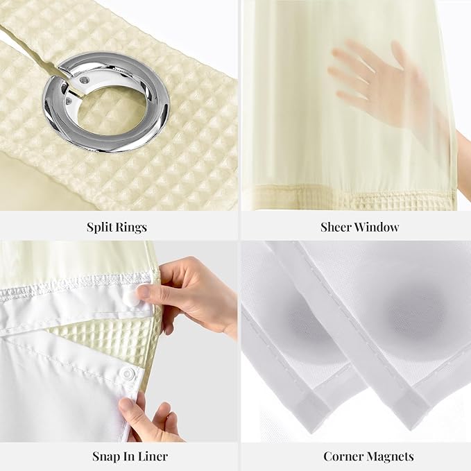River Dream Cream Fabric Shower Curtain Set, Cotton Blend, Waffle Weave, with Snap in Replacement Liner，54 x 80 inches