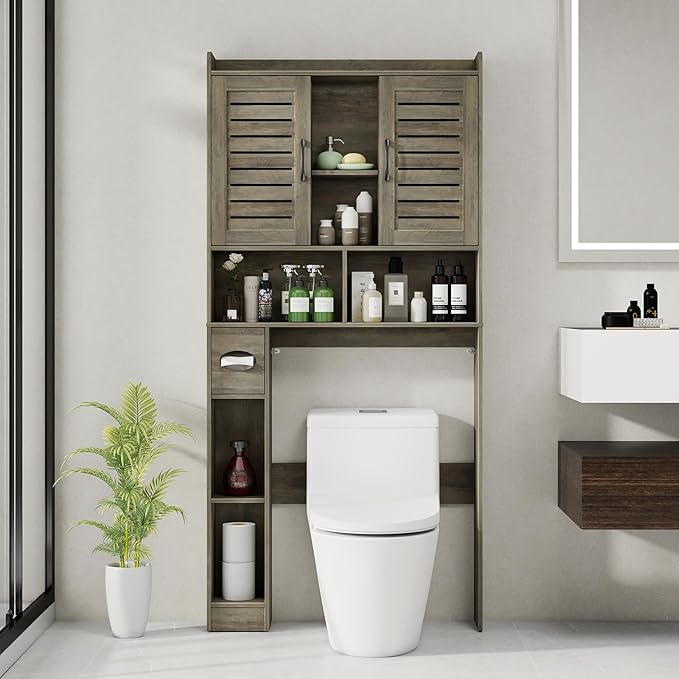 Over The Toilet Storage Cabinet, Farmhouse Storage Cabinet Over Toilet with 2 Louvered Door，Home Space-Saving Toilet Rack, for Restroom, Laundry， Bathroom
