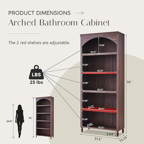 76" Tall Arched Bathroom Storage Cabinet, 5 Tiers Large Farmhouse Arched Cabinet w/Adjustable Shelves, Modern Wooden Storage Cabinet for Bathroom, Living Room, Entryway, Study Room (Brown)