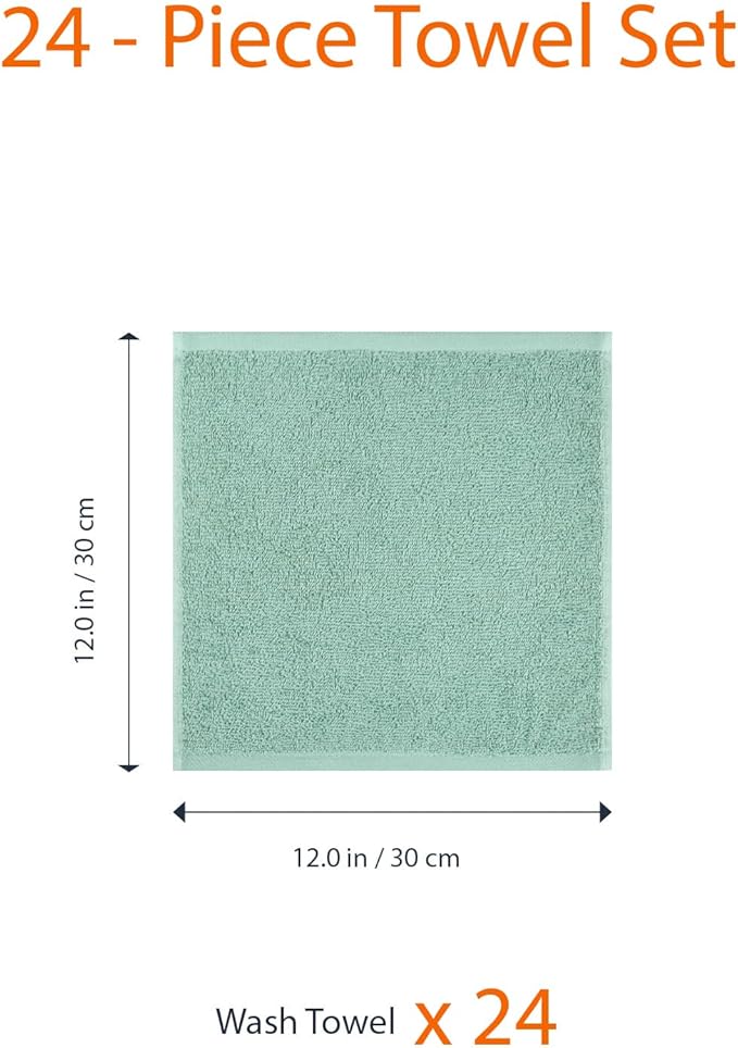 Amazon Basics Washcloth for bathroom, 100% Cotton Extra Absorbent , Fast Drying - salon towels - 24-Pack Seafoam Green, 12 x 12 inches