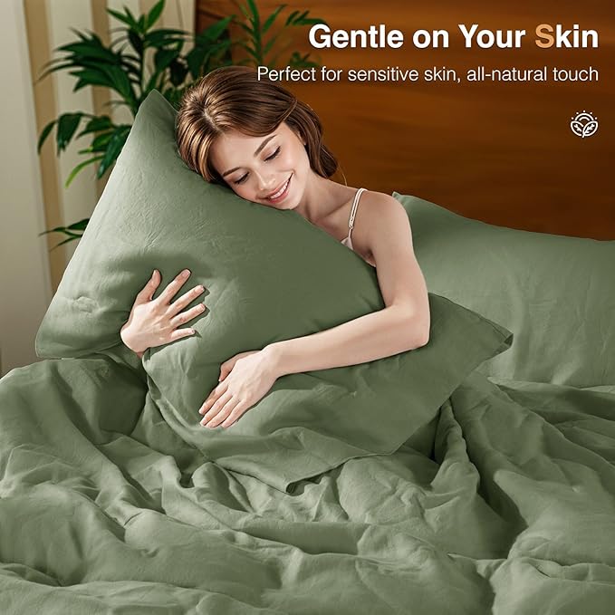 SONORO KATE 100% French Linen Duvet Cover Queen Size, Soft Breathable for Hot Sleepers, Moisture Wicking & Durable Cover Set - Zipper Closure & 4 Corner Ties Duvet Covers 3 Piece (Olive Green,Queen)