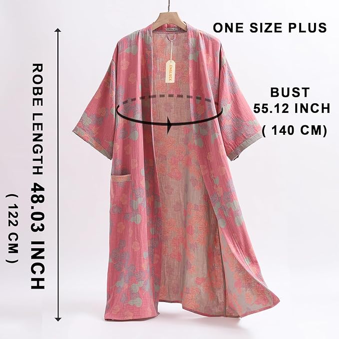 Women Cotton Double Gauze Jacquard Kimono Robe Bathrobe with Belt Pocket Comfortable Loungewear Yukata Sleepwear