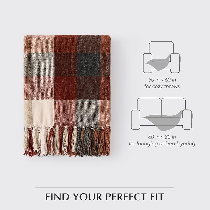 EVERGRACE Plaid Chenille Throw Blanket for Couch, Super Soft Cozy Decorative Fall Throw Blanket with Tassels for Bed Sofa Gift, Lightweight Harvest Plaid Throw Blanket for Autumn 50”x60”