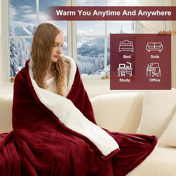 Full Size Heated Blanket Fast Heating - 72" x 84" Electric Blanket Full with 6 Heating Levels, 10 Hours Adjustable Timer, ETL Certified, Washable Heating Blankets for Home Office, Red