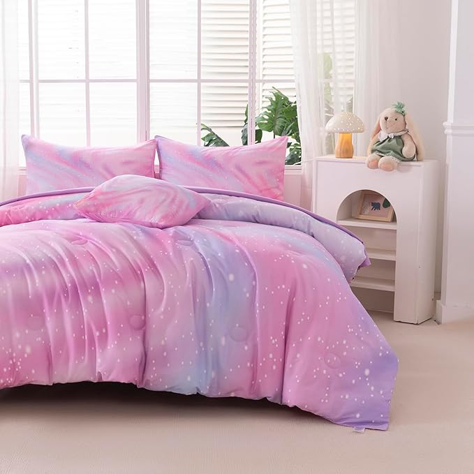 4Pcs Girls Comforter Sets Queen for Girls Kids, Gradient Colorful Rainbow Bedding Set Queen Bed in A Bag (1 Comforter, 1 Flat Sheet, 2 Pillowcases)