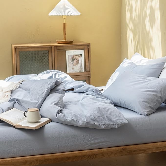 FOSSA Duvet Cover Set 100% Washed Cotton Linen Feel Super Soft Breathable Cozy 3 Pieces Bedding Sets Solid Cornflower Blue California King