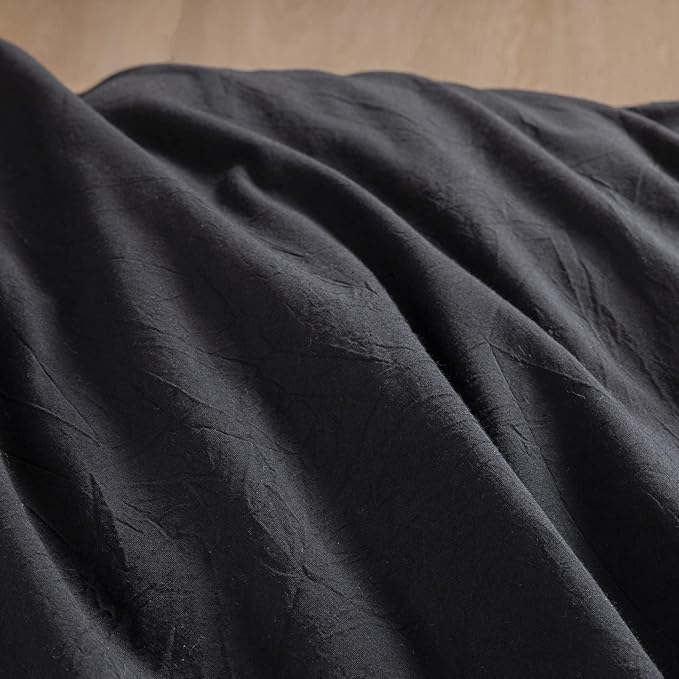 BESTOUCH Duvet Cover Set 100% Washed Cotton Linen Feel Super Soft Comfortable Chic Lightweight 2 PCs Home Bedding Set Solid Deep Black Twin/Twin XL