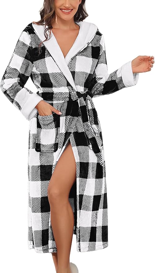 Ekouaer Womens Plush Robes Long Soft Jacquard Fluffy Bathrobe Hooded Robe Sleepwear with Pockets