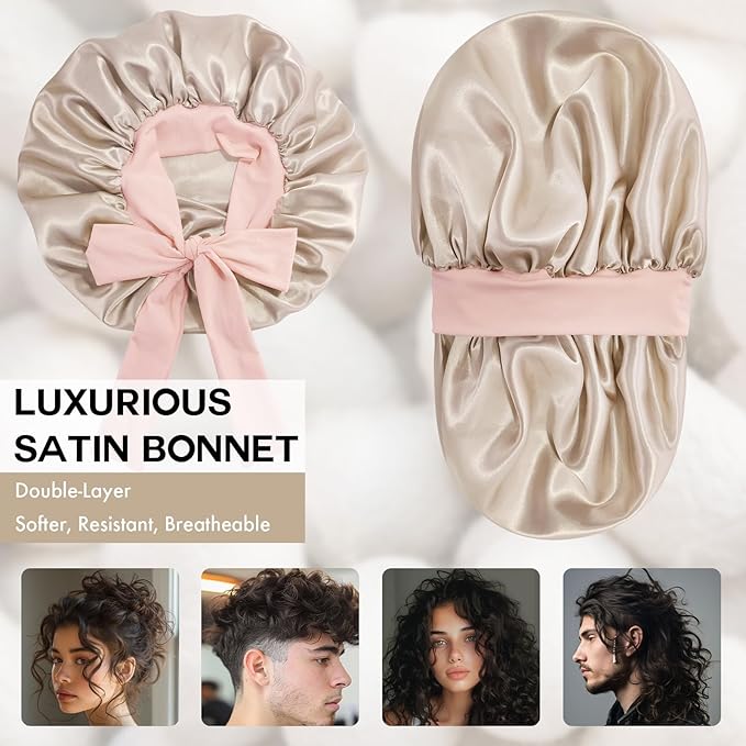 Silk Bonnet for Sleeping Women, Adjustable Soft Satin Lined Bonnet with Tie Band, Double Layer Sleep Night Cap