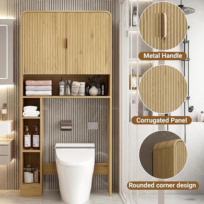 Over The Toilet Storage Cabinet, Farmhouse Bathroom Organizers and Storage with Fluted Doors & 8 Storage Compartments，Home Space-Saving Toilet Rack, for Bathroom, Restroom and Laundry