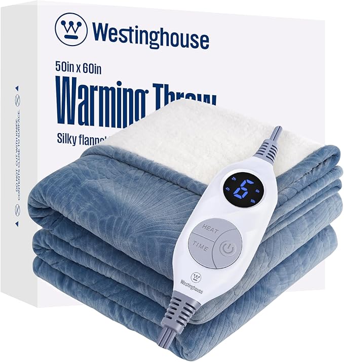 Westinghouse Heated Throw Blanket, Flower Jacquard Electric Blanket Throw with 6 Heating Levels and 2-10 Hours Auto-Off, Flannel to Sherpa Super Cozy Heated Blanket, Machine Washable (50" x 60" Blue)