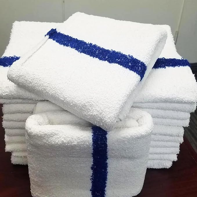 Towels N More 24x48 Soft Poolside Towels - 12 Large Super Absorbent Pool Towel White and Blue Center Stripe - Ideal for Home, Pool, Spa, Gym, Hotel, Motel Rental Room Use - 100% Cotton Bath Towels