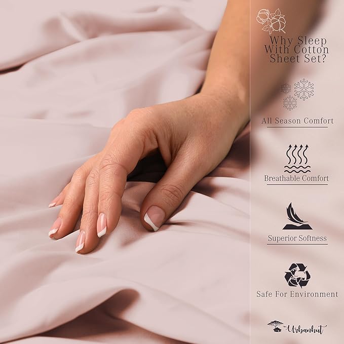 URBANHUT Queen Size Sheets 100% Pure Cotton, 1000 Thread Count 4 Pc Bed Sheet Sets, Soft & Breathable, Luxury Hotel Sheets Fits 16" Elasticized Deep Pocket, Sateen Weave, Solid - Blush Pink