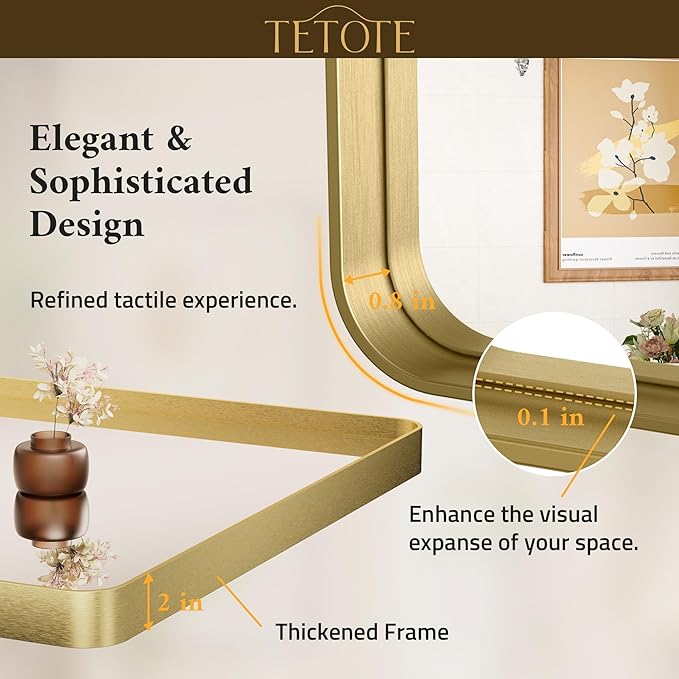 TETOTE 60 x 36 Inch Mirrors for Bathroom, Brushed Brass Gold Vanity Mirror, Large Rectangular Metal Frame Modern Wall Mirror for Living Room Shatterproof (Horizontal/Vertical)