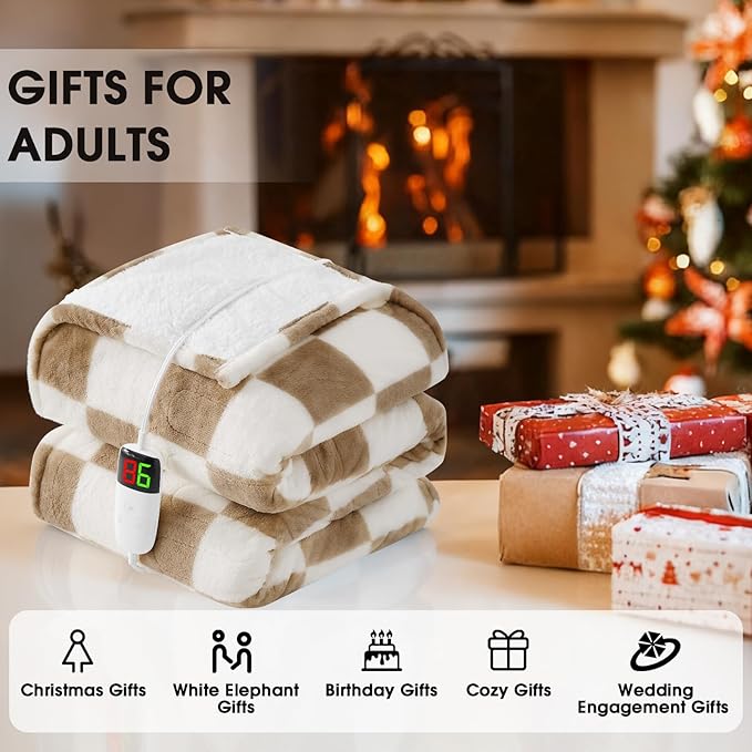 Light Brown Heated Throw Blanket Electric, 50X60 Heating Blanket with 10 Heat Levels & 8 Hours Auto Off for Lap, Checkered Plaid Soft Sherpa Blankets Warmer Gifts for Couch Grandma Women Adults