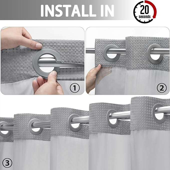 YellyHommy No Hook Shower Curtain with Snap in Liner Set Less Time Grey Waffle Shower Curtain for Bathroom 75" L x 78" W