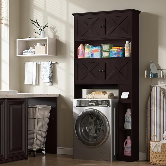 Over The Toilet Storage Cabinet, Farmhouse Storage Cabinet Over Toilet with 4 Barn Doors & Toilet Paper Holder Stand, Espresso Toilet Shelf Home Space Saver for Restroom, Bathroom, Laundry